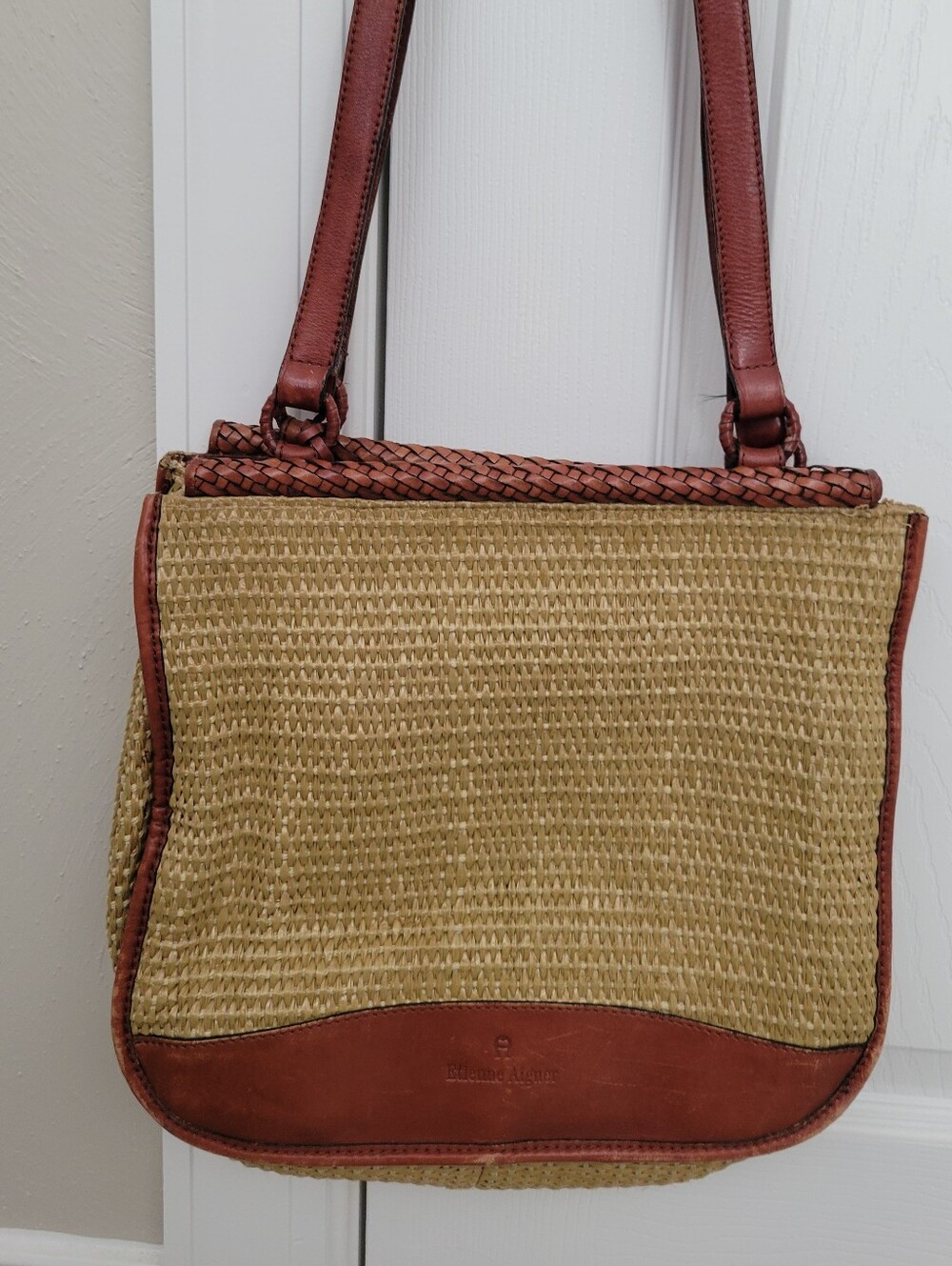 Vintage ETIENNE AIGNER Jute Rattan Leather Shoulder Bag ~One Owner~